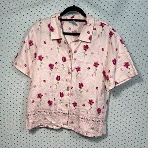 Dress Barn Pink Floral 100% Linen Short Sleeve Collared Button Up Top